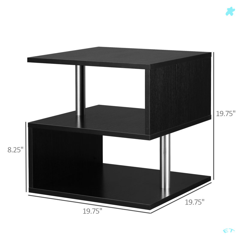 Modern Coffee Table With S-Shaped 3 Tiers Open Storage Shelf, Black, 19.68" H x 19.68" L x 20.03" W