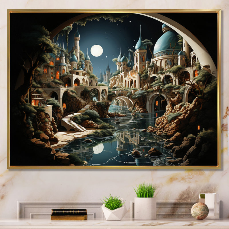 Surréalisme City Infinite Illusions I, Cadre flottant doré, H 30 po x l 40 po x P 1,5 po
