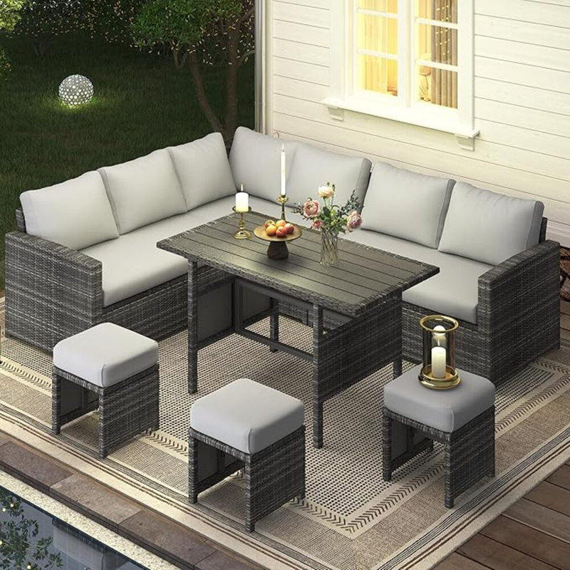 Angila 7 Piece Sectional Seating Group, Gray Cushion/Gray Frame