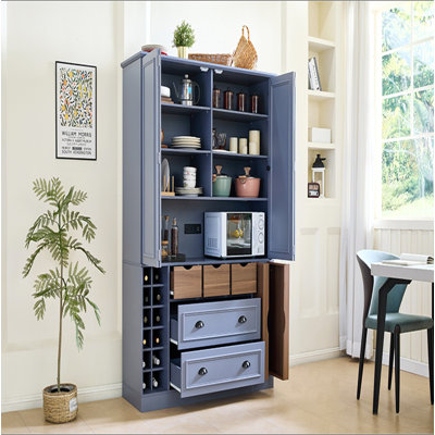 [Avec vidéo d'assemblage] Armoire de rangement de 71 po de hauteur pour ferme TopMAX, armoire de rangement de salle à manger de profondeur l 53,2 po x l 17,7 po avec 4 portes pliables, prise de courant, tablettes, supports à vin et plateaux de service