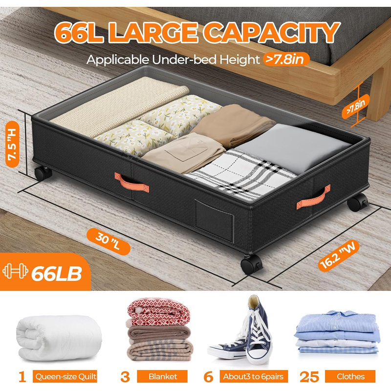 Under Bed Storage with Wheels,2-Pack Under Bed Storage Containers with Clear Lids,Black