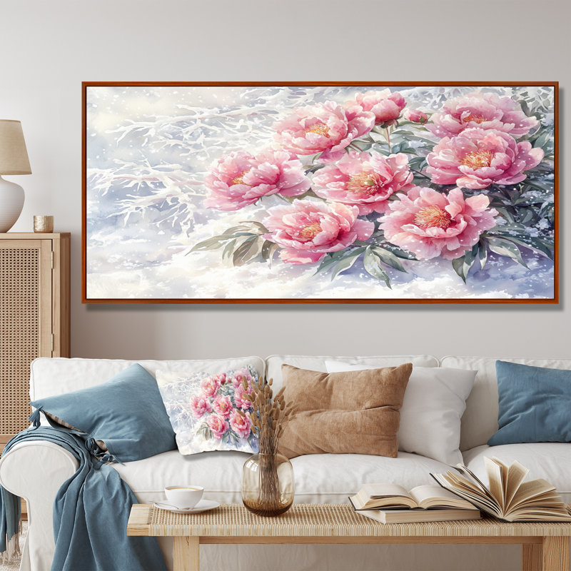 Jacarria pivoines dans la neige II - pivoines, art mural, H 28 po x l 60 po, Impression encadrée flottante, Brun