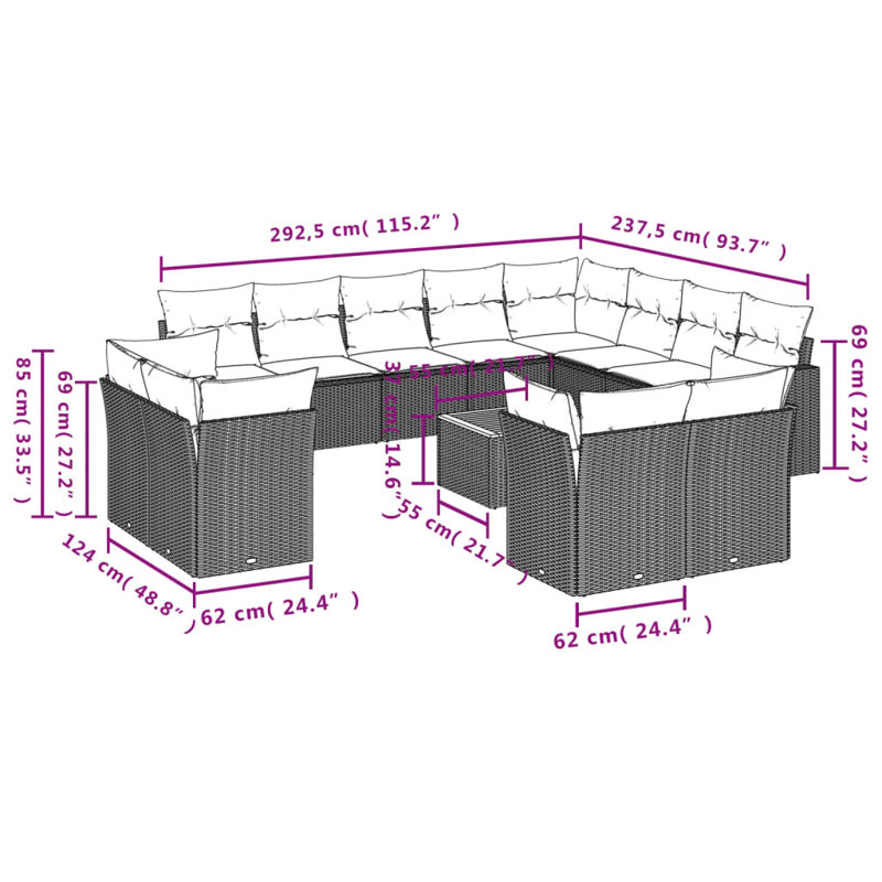  Ensemble de canapé de jardin modulaire en rotin PE beige et brun 13 pièces