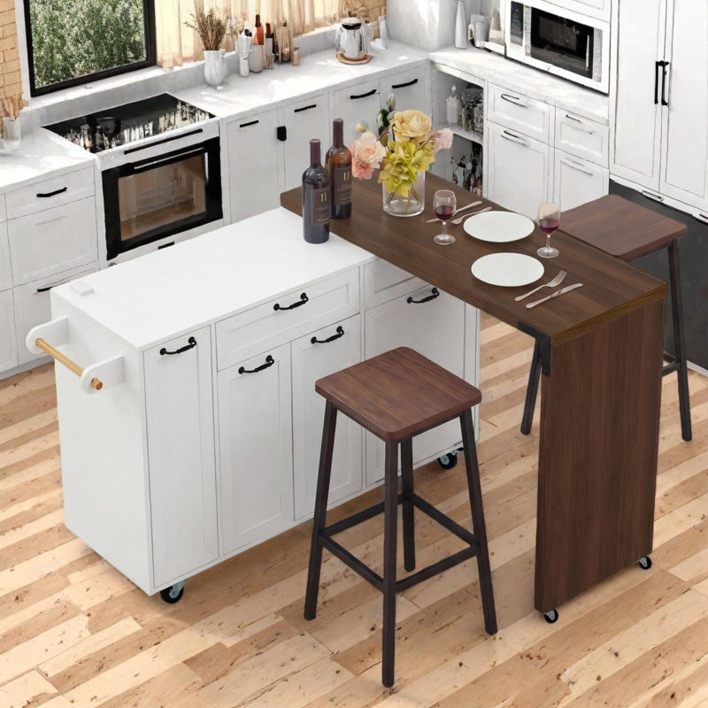 102.3" Kitchen Island with Extendable Dining Table, White