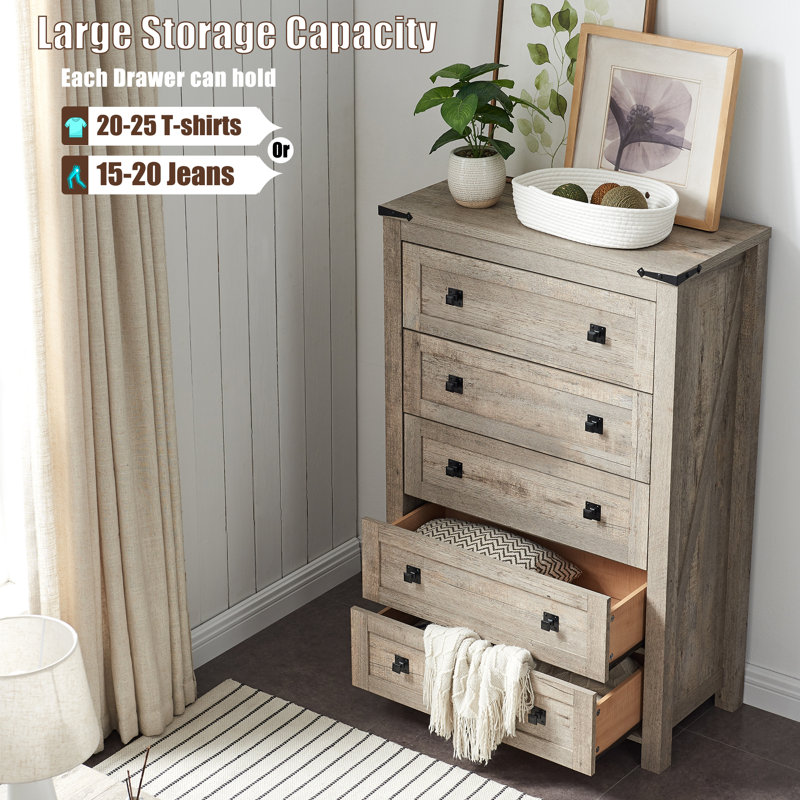 Grantville Farmhouse 5 - Drawers Dresser Organizer, Rustic Tall Chest of Drawers for Bedroom, Light Rustic Oak
