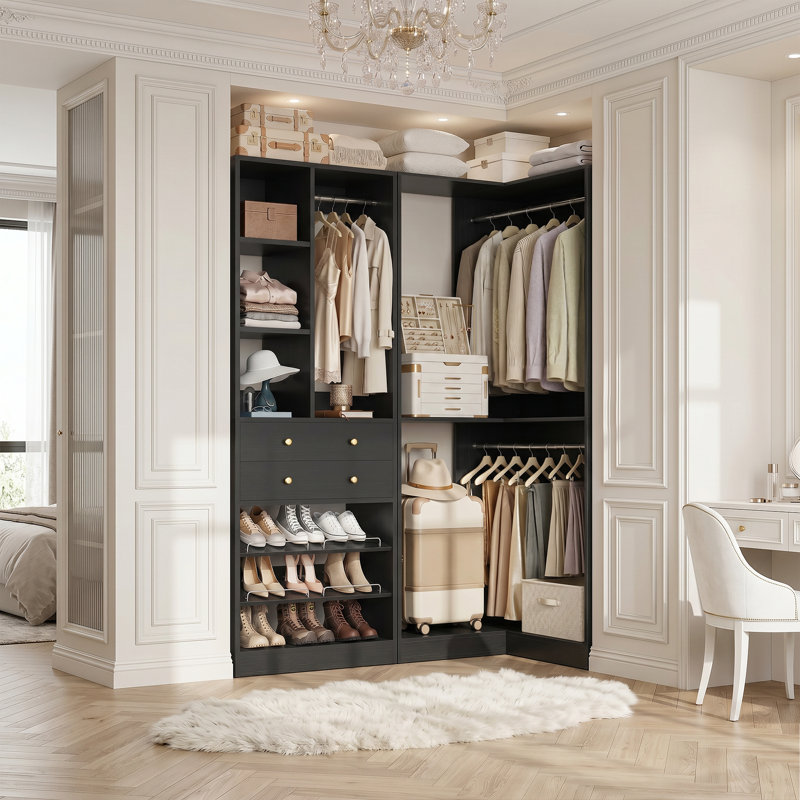 Système d'organisation de garde-robe, organisateur de garde-robe de coin autoportant de 80 po avec tiroirs, étagères à chaussures et tringles de suspension multiples