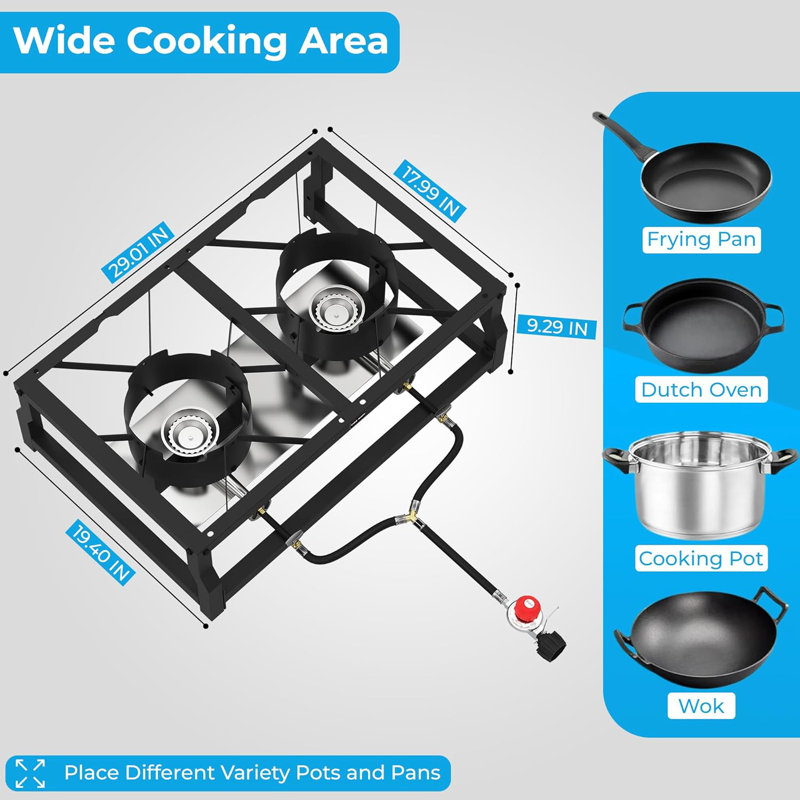 Double Burner Propane Gas Cooker, 100,000BTU Outdoor High-Pressure Burner with 0–10 PSI Regulator for Camping, Frying, Boiling Home Brewing
