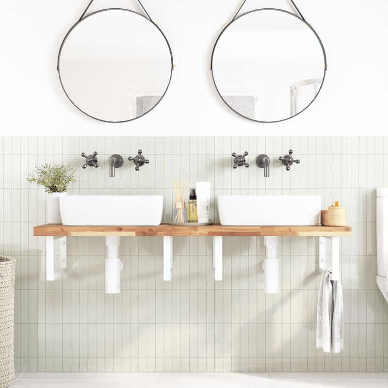  Basin Shelf Wall Mounted Steel And Solid Wood Acacia, 4cm H x 140cm W x 50cm D, Brown