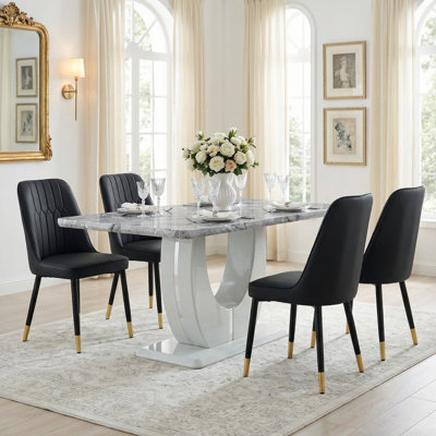 5 Piece Modern Rectangular 63" Faux Marble Dining Set with Cantilever Chairs