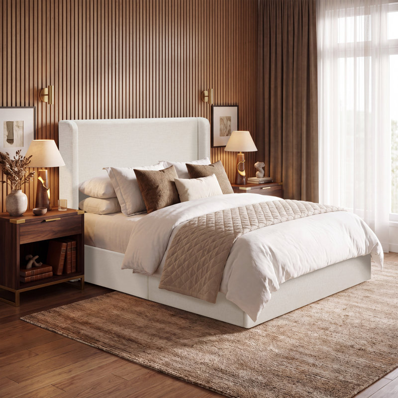 Carmen Upholstered Wingback Bed, King, Ivory Canvas