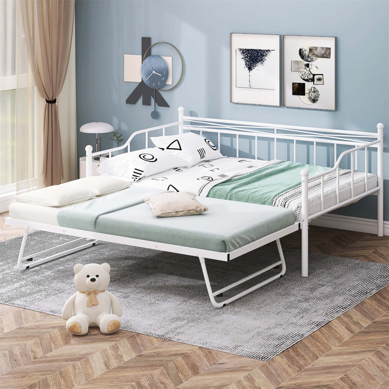 Lit de jour avec couchette rétractable Maruice Meatl, Simple extra long, Blanc