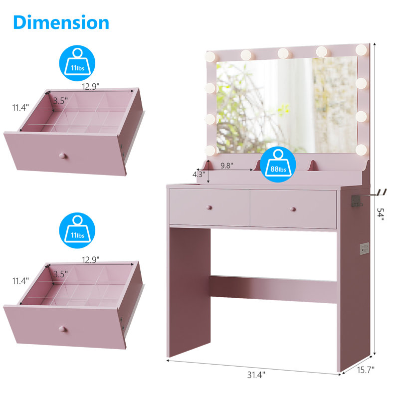Bureau de meuble-lavabo avec lumières 3 couleurs - plateau en verre, 2 tiroirs et multiprise, Rose clair
