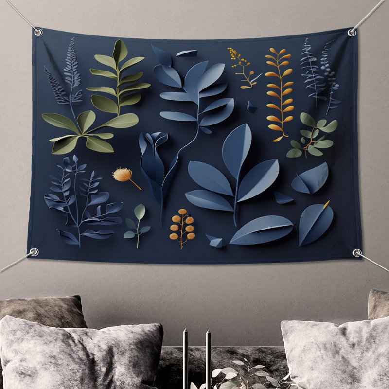 Tapisserie murale feuilles de papier - Décoration murale florale, 104 po H x 88 po avec 4 œillets