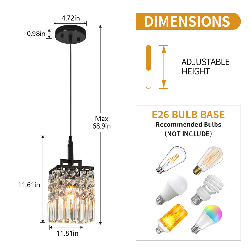 Ensemble de 2 luminaires suspendus carrés modernes en cristal noir, lampe de ferme réglable pour îlot de cuisine, salle à manger, chambre à coucher