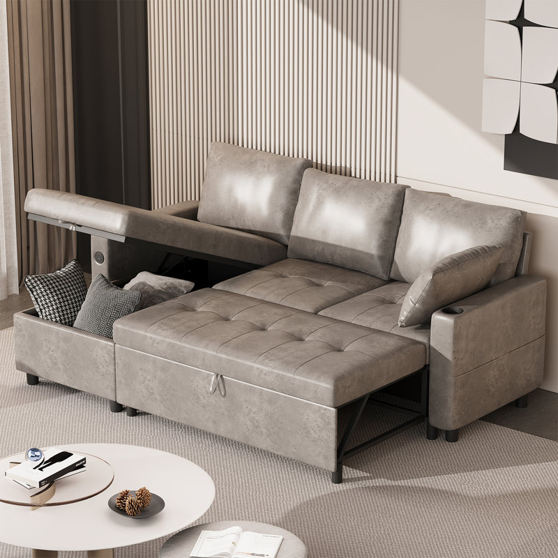 Sleeper Sofa Bed 3-In-1 Pull Out Couch With Reversible Chaise Leather Sleeper Sofa With Storage Usb Cup Holder Pullout Sectional Couches For Apartment Living Room