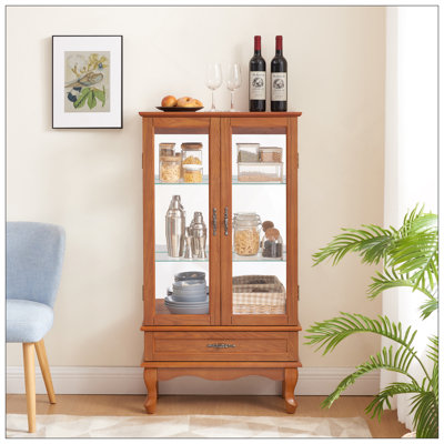 Vitrine éclairée vitrine vitrée en verre avec tablettes réglables en verre Deux portes et un tiroir ampoule incluse pour la décoration intérieure et le rangement - chêne