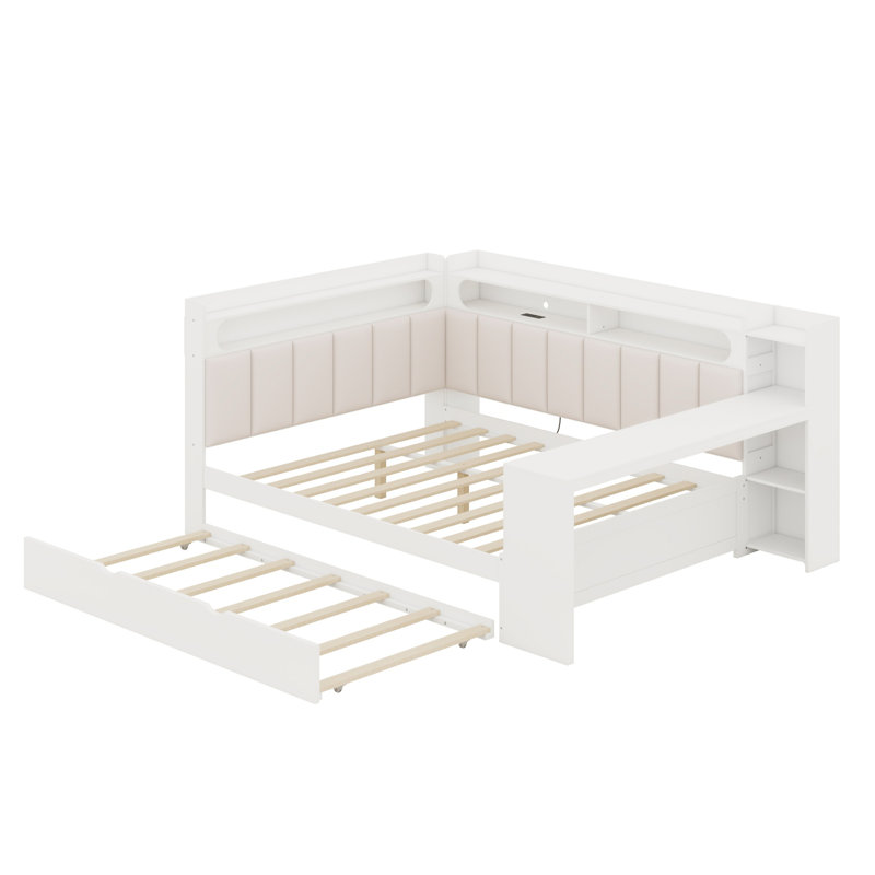 Multifunctional  Daybed Featuring Shelves, Trundle, and Desk, White+Beige
