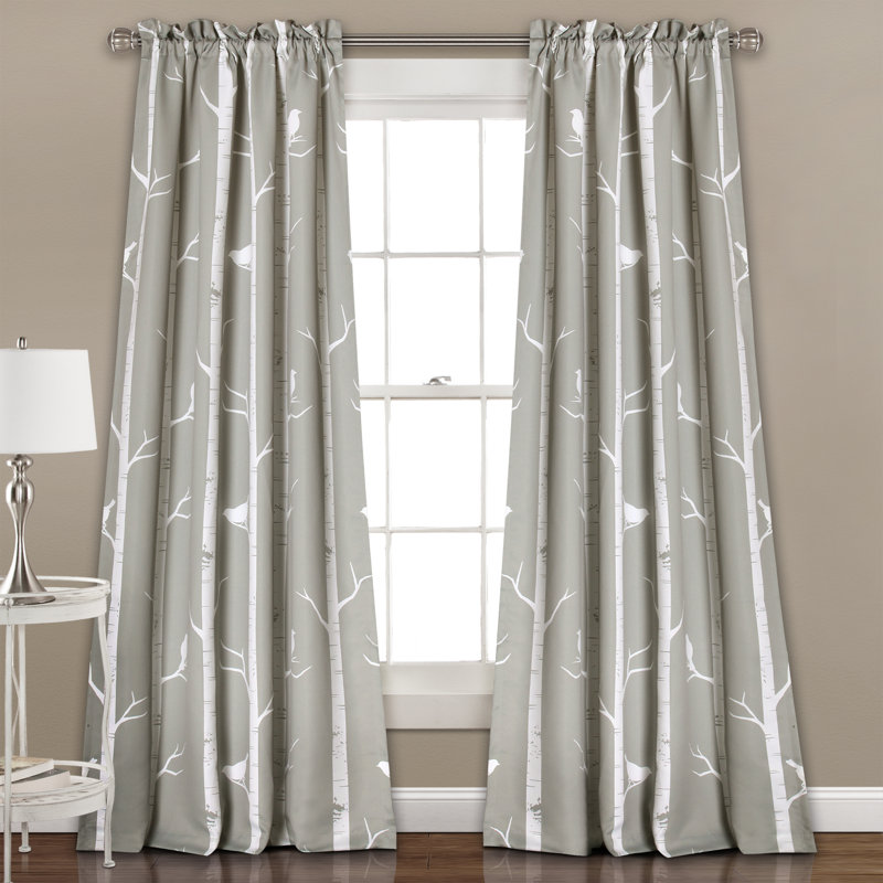 Bird On The Tree Room Darkening Curtain Pair, Gray, 52" W x 95" L