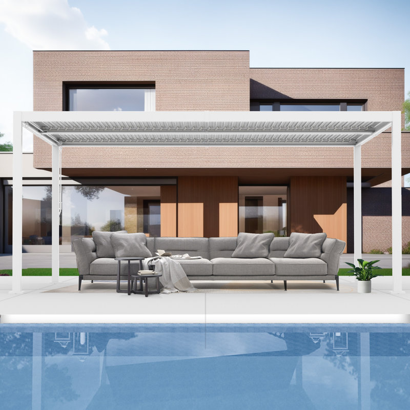 Kozyard Outdoor Louvred Pergola 12' x 16' Pergola Sun Shade All-Weather Aluminum Packing Shelter with Drainage System Adjustable Roof Waterproof for Poolside Patio Garden Yard White