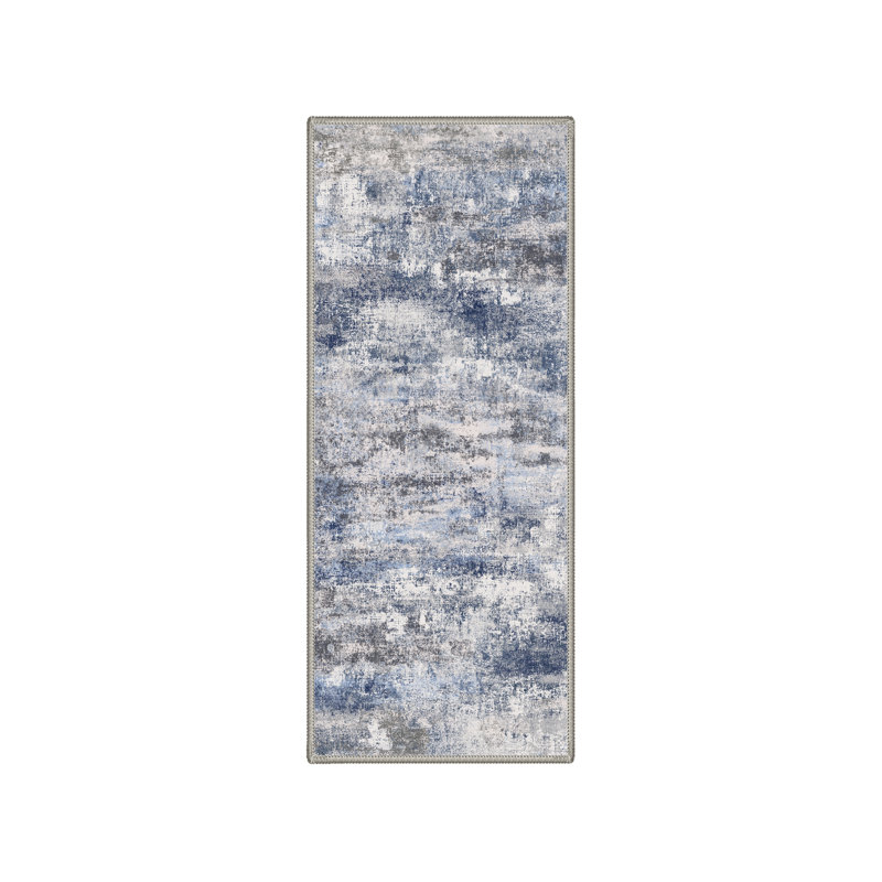 Comeau Aura Abstract Machine Washable White / Grey / Blue Indoor Area Rug with Non-Slip Backing, Runner 2'3" x 6'