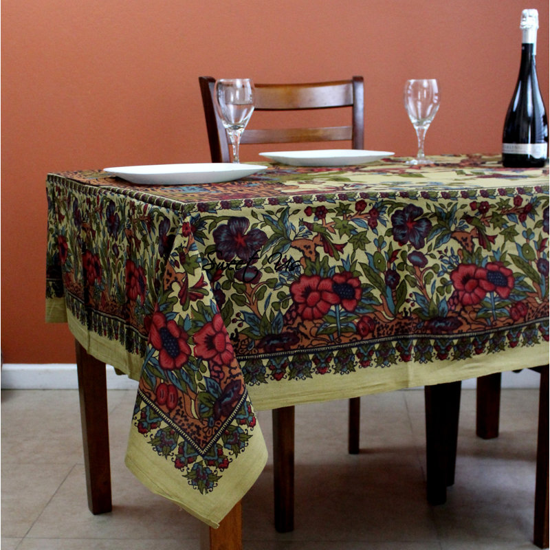 Handmade Cotton Floral Tree of Life Tapestry Tablecloth, 70" H x 104" W, Olive Green