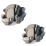 Gibson Elite 16 Piece Glazed Dinnerware Plates, Bowls, And Mugs, Teal (2 Pack)
