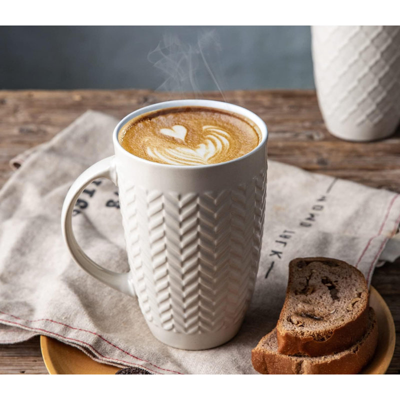 Ensemble de 6 grandes tasses à café en céramique avec motifs géométriques texturés, Beige noir