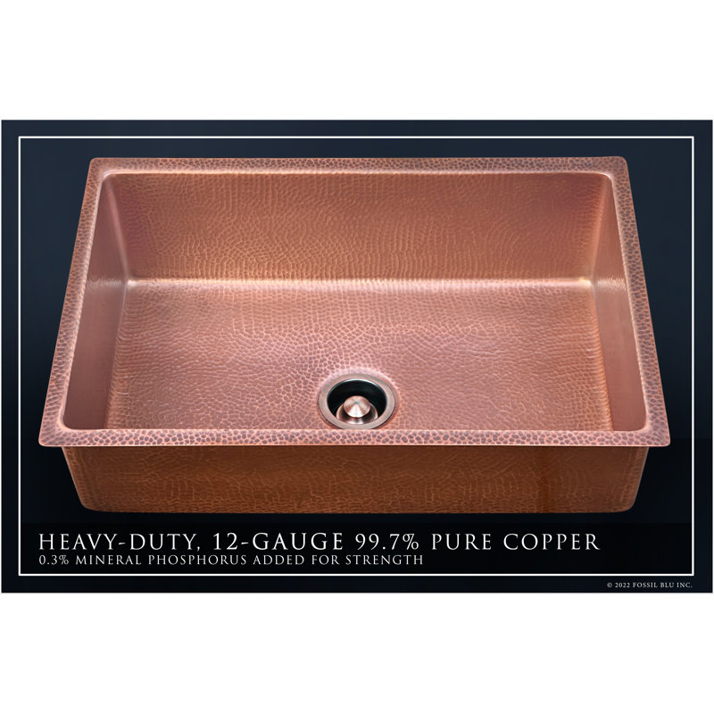 Fossil Blu Luxury 33" 12-Gauge Hammered Copper Undermount/Drop-In Sink, Medium Patina, Incl Accs