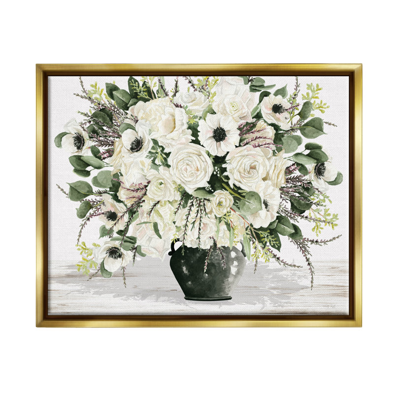 White Blooming Blossoms Botanical Canvas Print with Gold Frame