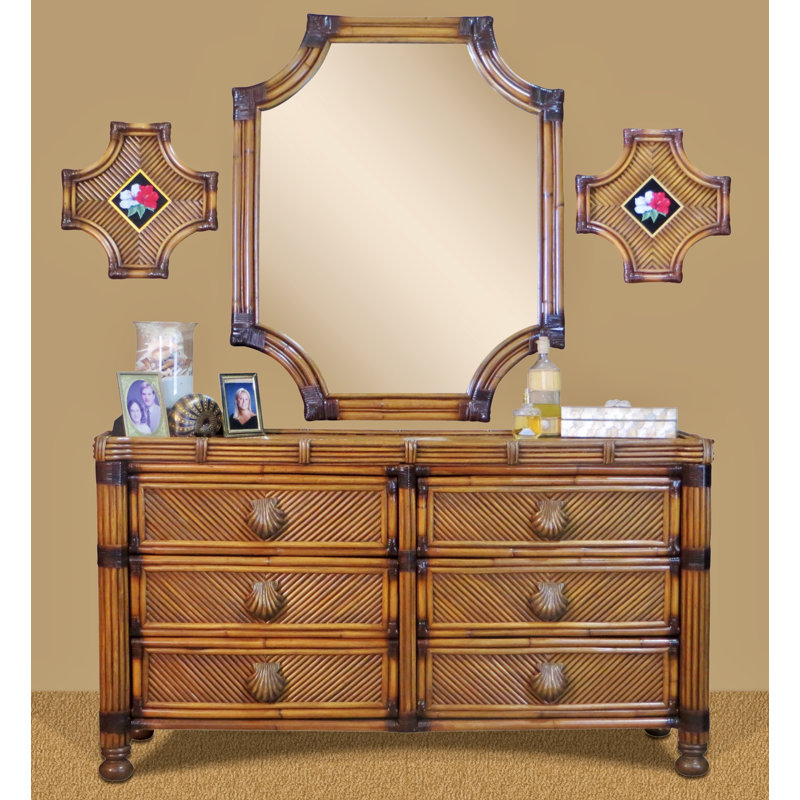 Commode double 6 tiroirs avec miroir Angelique, Laiton antique / noir