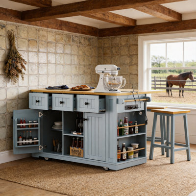 Îlot de cuisine de 53 po avec 2 tabourets de bar et prise de courant, grand chariot de cuisine roulant avec abattant, 3 tiroirs, supports de porte internes et tablettes à épices latérales
