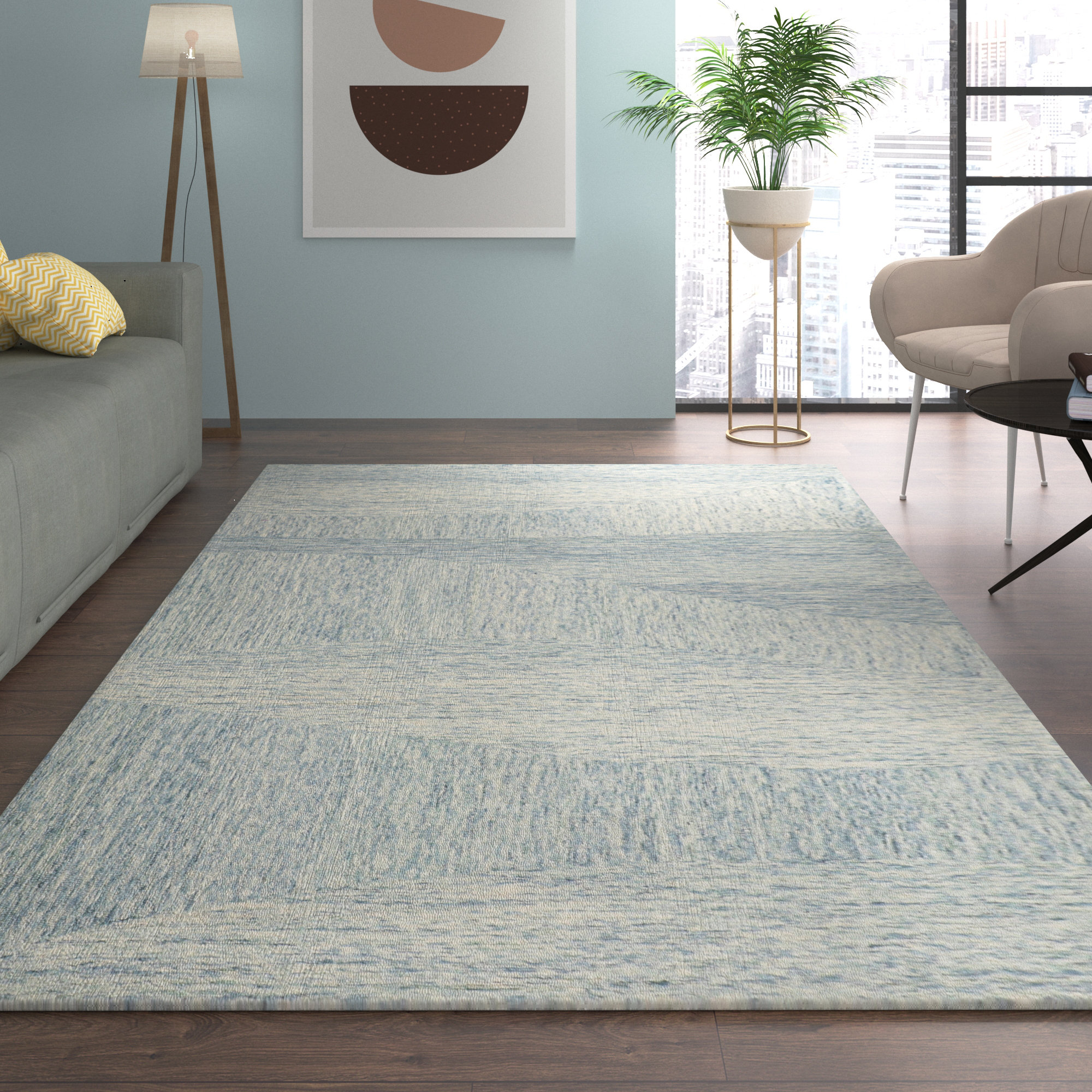 Kempner Hand-Tufted Blue/Ivory Wool Area Rug, Rectangle 7'9" x 9'9"