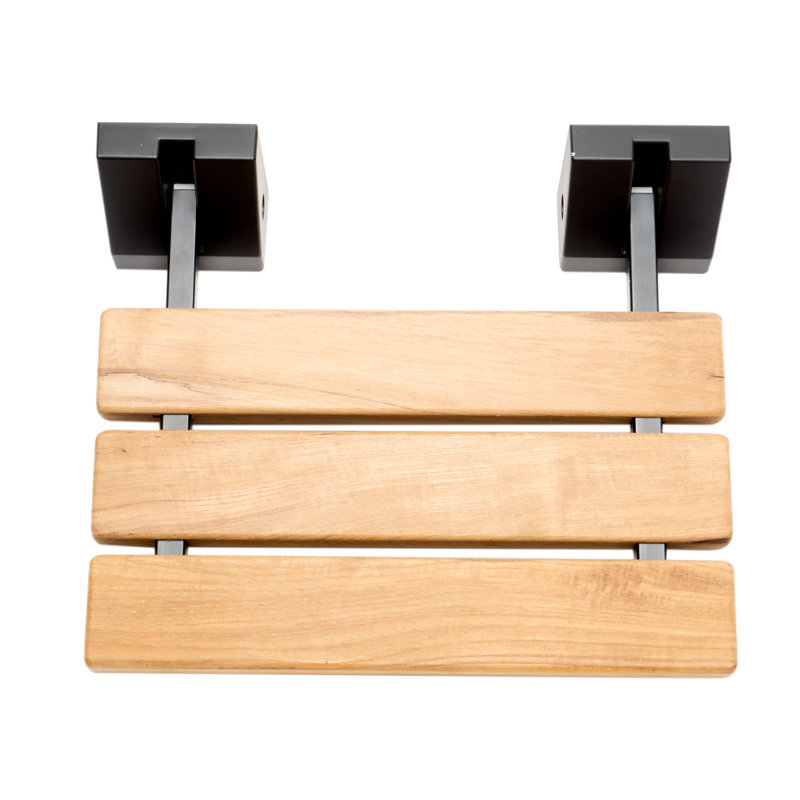 Foldable Teak and Black Matte Shower Seat with Square Hardware