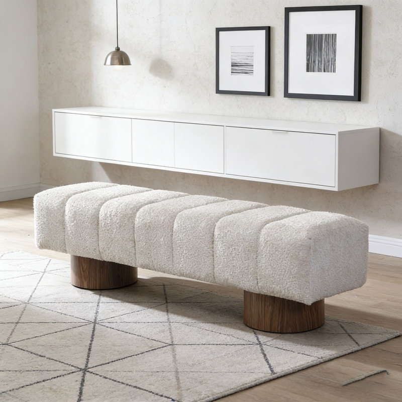 Banc de salle à manger rembourré, L 64 po, Fausse fourrure beige