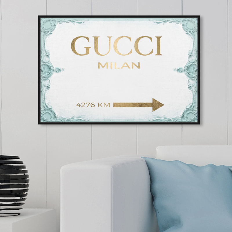 «Milan Sign Aqua», art textuel sur toile, H 36 po x l 54 po, Cadre noir