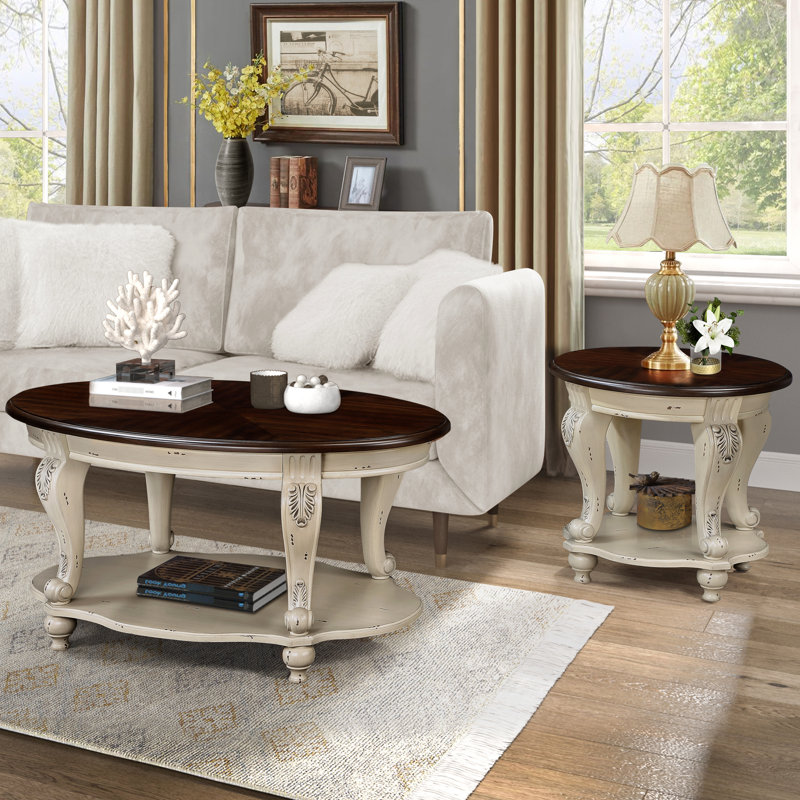 Table basse ovale de 42 po pour salon Allure, bois massif avec 2 tablettes, beige et étincelle, assemblage facile, bois, étincelle