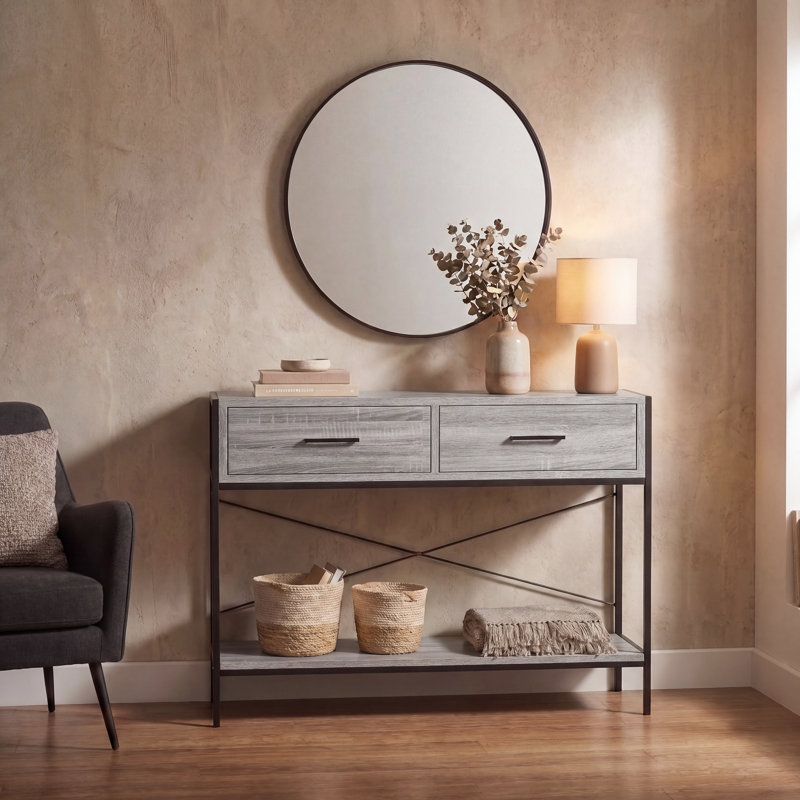 Sylvie 2 Drawer Industrial Style Console Table With Metal Legs for Hallway, Living Room Furniture, Grey