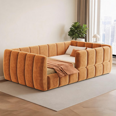 58.85-Inch Rich Orange Velvet Upholstered Platform Daybed, Fits Standard US Toddler Mattresses, Modern Minimalist Style
