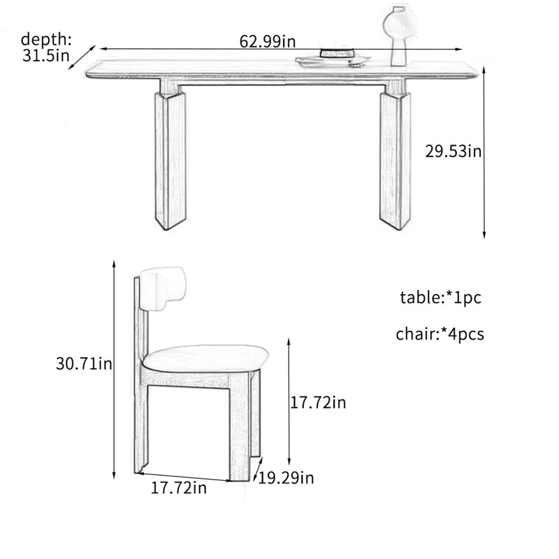Ensemble de table de salle à manger Vintage, H 29,53 po x L 62,99 po x l 31,5 po