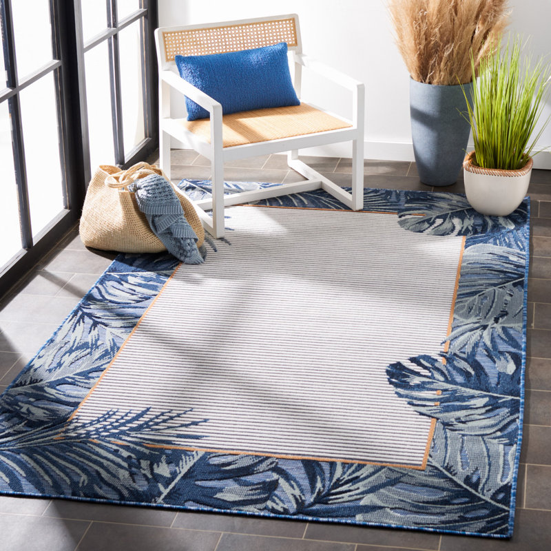 Adheesh Floral Ivory/Navy/Yellow Indoor / Outdoor Area Indoor/Outdoor Area Rug, Rectangle 9' x 12'