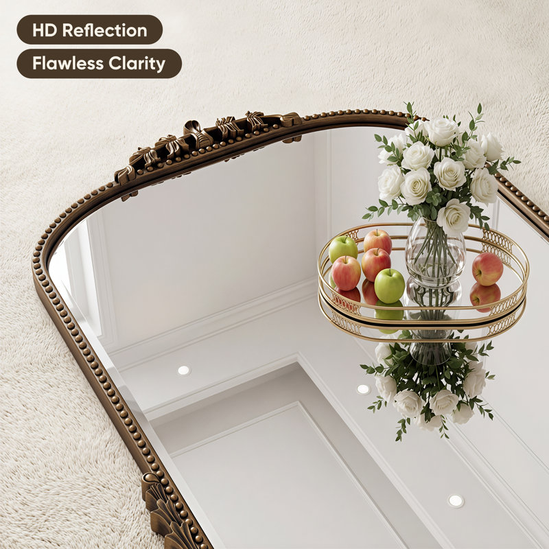 Retro Engraved Bathroom Mirror, Arched Wall Mirror, 32"×40", Ancient Bronze