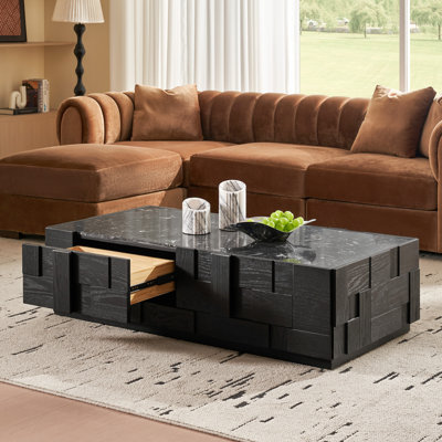 Hernest 56 inch Coffee Table with Engineered Stone Tabletop and Hidden Drawers Storage for Living Room