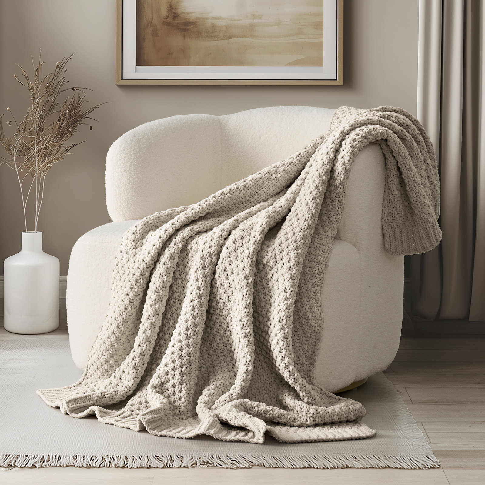 Chunky Chenille Weighted Throw Blanket, 60" L x 50" W, Warm Gray