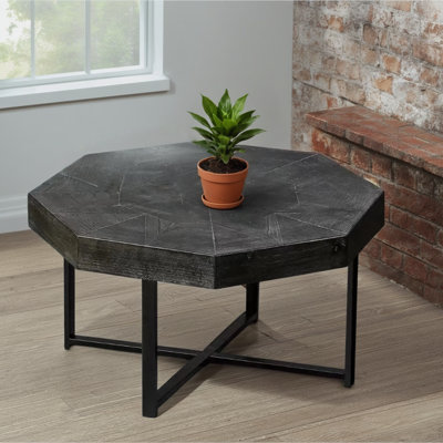 Table basse de style campagnard antique noir, plateau de table octogonal en bois de 30 pouces (patchwork rétro), pieds croisés en métal, convient au salon