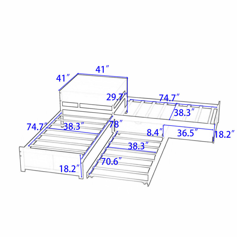 Twin Size L-Shaped Platform Bed with Trundle and Two Drawers, Grey