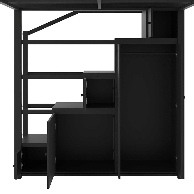 Lit mezzanine double avec armoire de rangement, armoires et escalier, noir