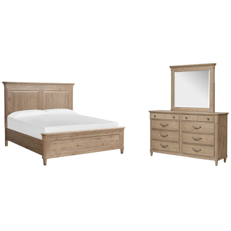 Grand lit à panneau et commode double avec miroir de paysage