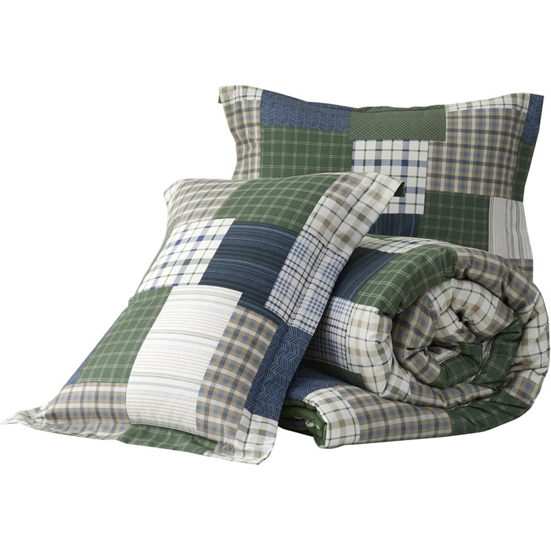 Cedar Printed Plaid Patchwork Microfiber Comforter Set, Queen Comforter + 2 Standard Shams, Green/Blue/White/Tan Patchwork