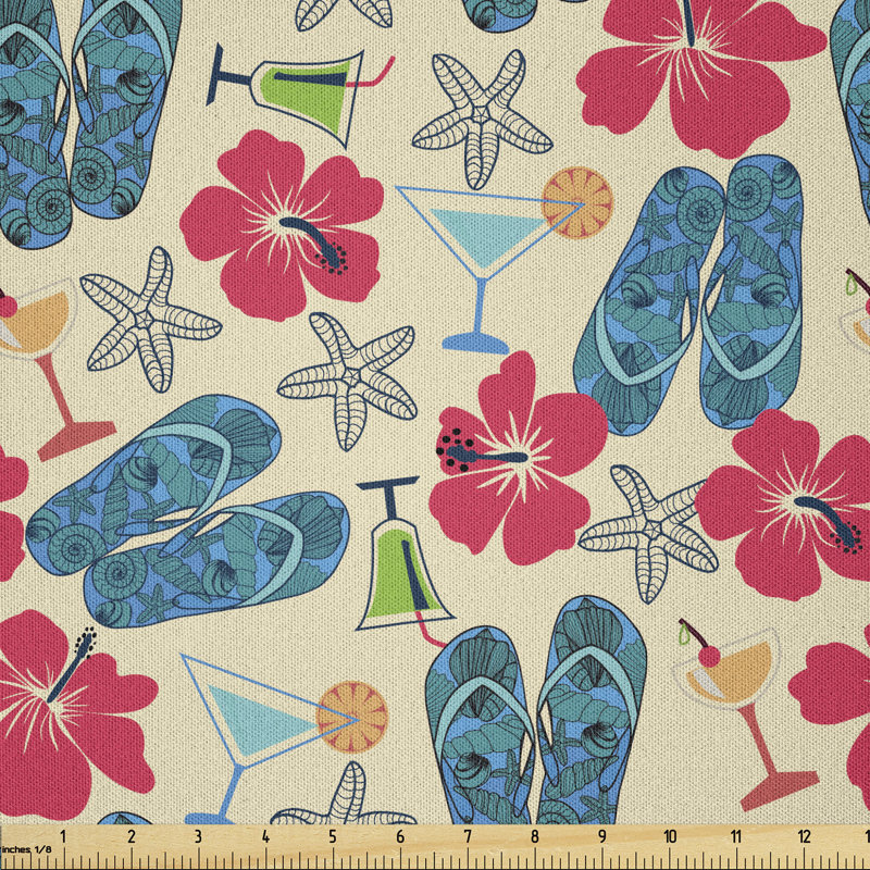 Daycia Exotic Summers Hibiscus Flower Starfishes Martini Cocktail and Beach Sandals Multi-Purpose Fabric