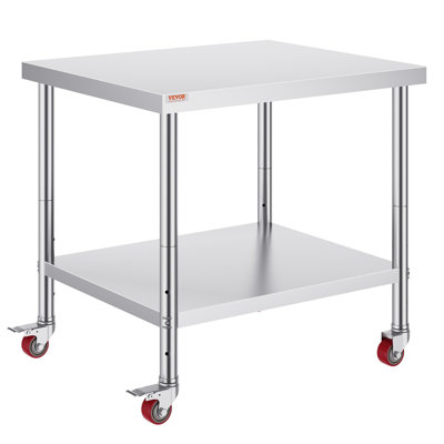 Table de travail 30 po x 36 po x 34 po en acier inoxydable avec tablette réglable à 3 niveaux et 4 roues